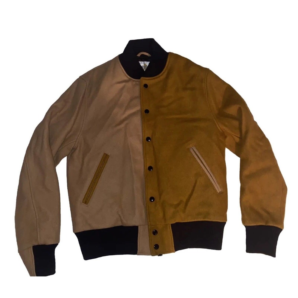 Golden Bear Varsity Jacket Men Sz Med Wool Quilted Brown Tan colorblock Sample‎